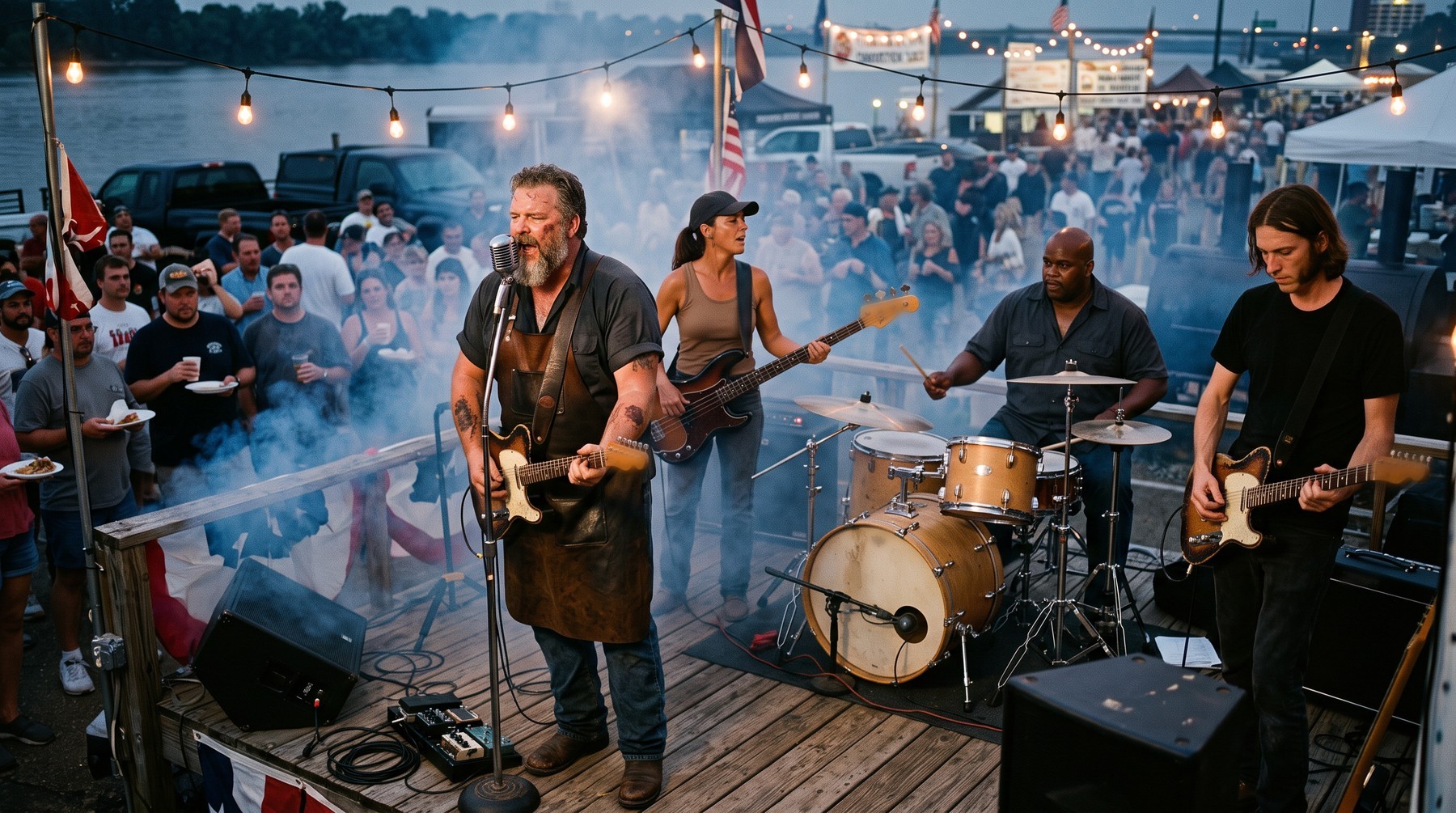 A four-piece band playing on a wooden deck built onto a smoker trailer at a riverside barbecue contest at dusk