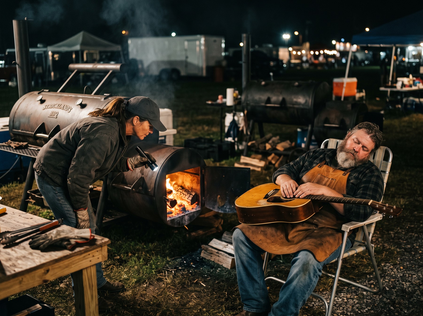 At night, Lu Strickland in a cap shines a flashlight into the open firebox of an offset smoker