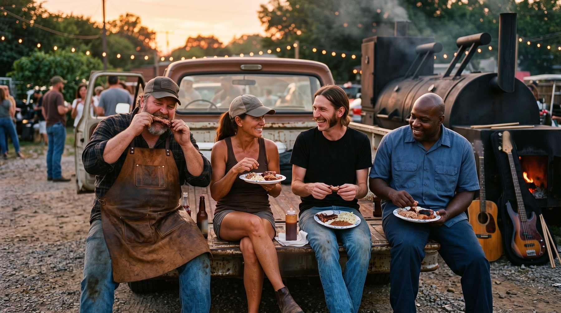 The four band members eating barbecue off paper plates on the tailgate of an old pickup truck at sunset
